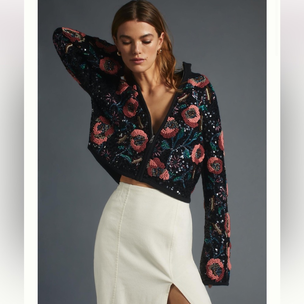 Maeve sequins floral sweater jacket